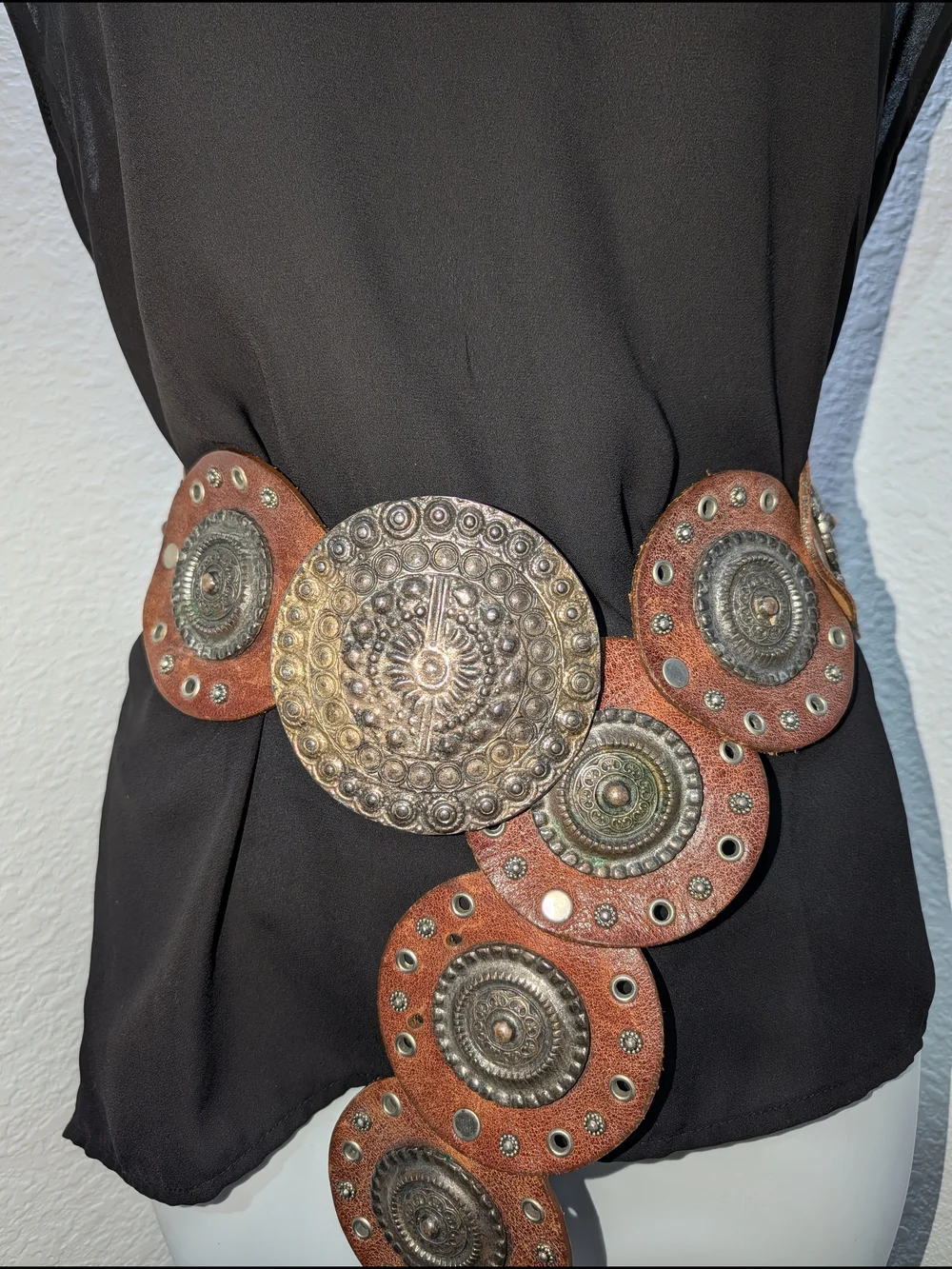 Neiman Marcus Brown Leather Belt with Ornate Silver-Tone Medallions